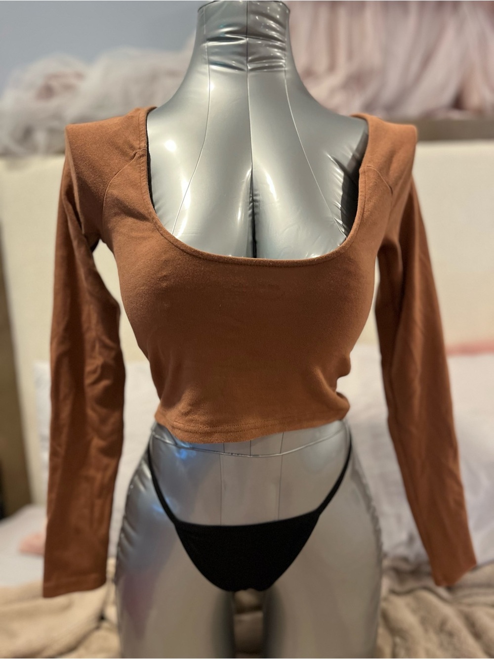 aerie Rust Brown Long Sleeve Scoop-Neck Crop Top